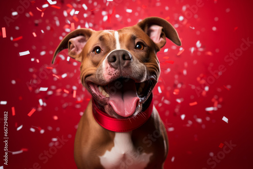 Cute dog celebrating it s birthday with party hat on and confetti falling on solid red background. Funny puppy at a birthday party.