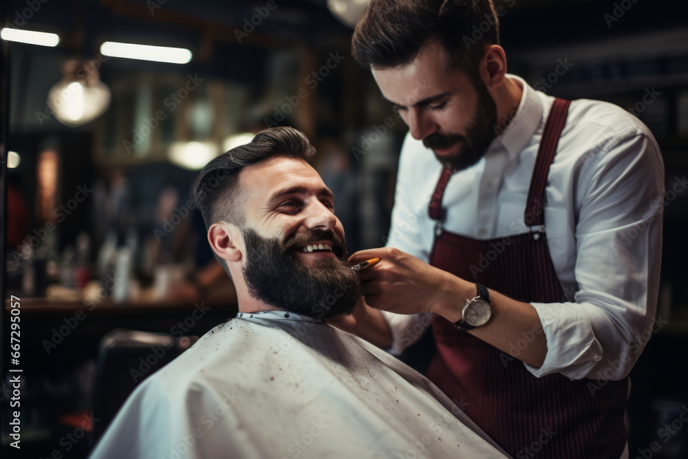 Handsome bearded man getting haircut by hairdresser while sitting in chair at barbershop. Hairstyle for modern man. Handsome bearded man getting haircut by hairdresser while sitting in chair at barbershop. Hairstyle for modern man.