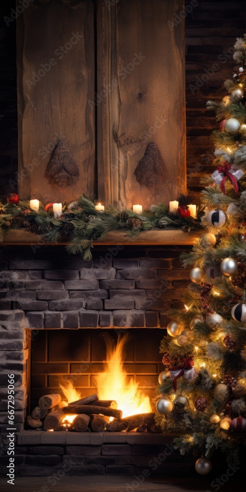 Fototapeta premium Charming Ceramic Christmas Tree with Warm Lights on Rustic Wood Mantle and Stone Fireplace