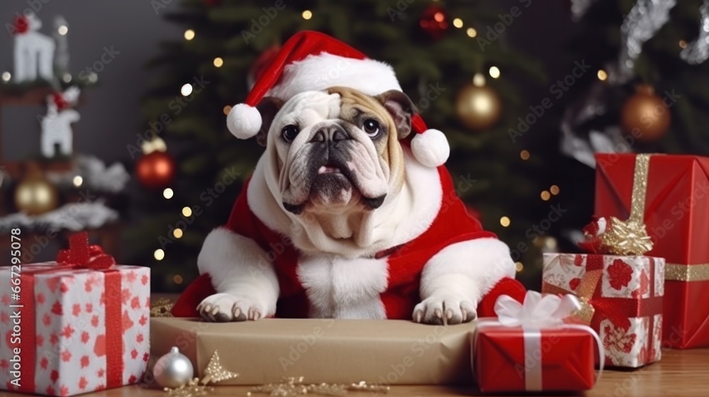 Cheerful Christmas Bulldog Holding Blank Billboard Sign with Santa Hat