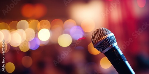 Microphone on Christmas Stage with Bokeh Lights and Tree for Holiday Christmas Concert