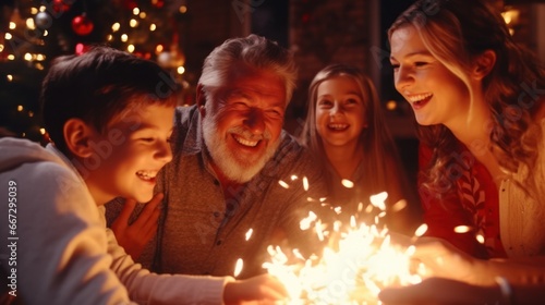 Caucasian Family Celebrates Christmas and New Year's Eve with Sparklers and Festive Fun