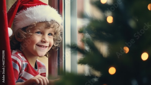 Cheerful Kid Dressed as Santa Claus with Mini Christmas Tree, Spreading Holiday Joy on Christmas Morning photo