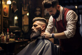 Handsome bearded man getting haircut by hairdresser while sitting in chair at barbershop. Hairstyle for modern man.