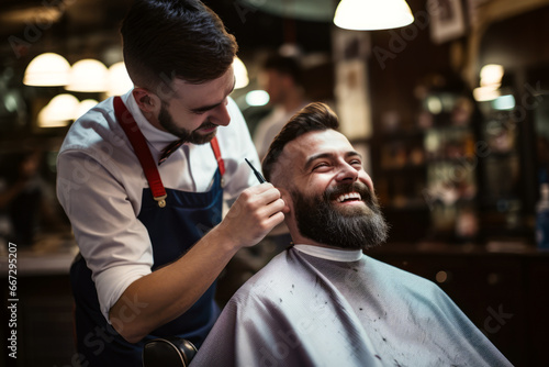 Handsome bearded man getting haircut by hairdresser while sitting in chair at barbershop. Hairstyle for modern man. photo