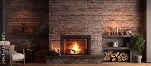 A brick fireplace with a vertical insert burner or furnace photo