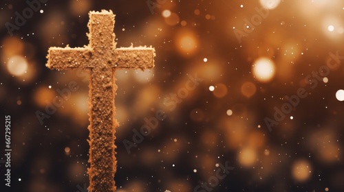 Christmas Cross of Faith and Celebration with Christian Wood Cross against Blurred Bokeh Stars Background