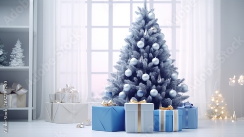 Christmas Tree Generative AI with Snowflakes and Gifts for Holiday Greeting Card Illustration