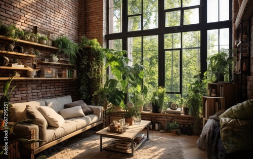 A living room with height ceiling. Loft with lots of plants, brick walls, eastern motives © piai