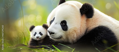 Mother panda shows affection to her baby in this photo