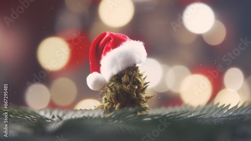 Closeup Celebration of Medical Cannabis: Santa Hat, CBD Christmas, and Decorative Ganja for Christmas Claus Concept photo