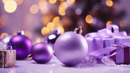 Creative Purple Christmas Decorations - A Festive Display of Colorful Balls and Curling Ribbons for Celebrating the Holidays