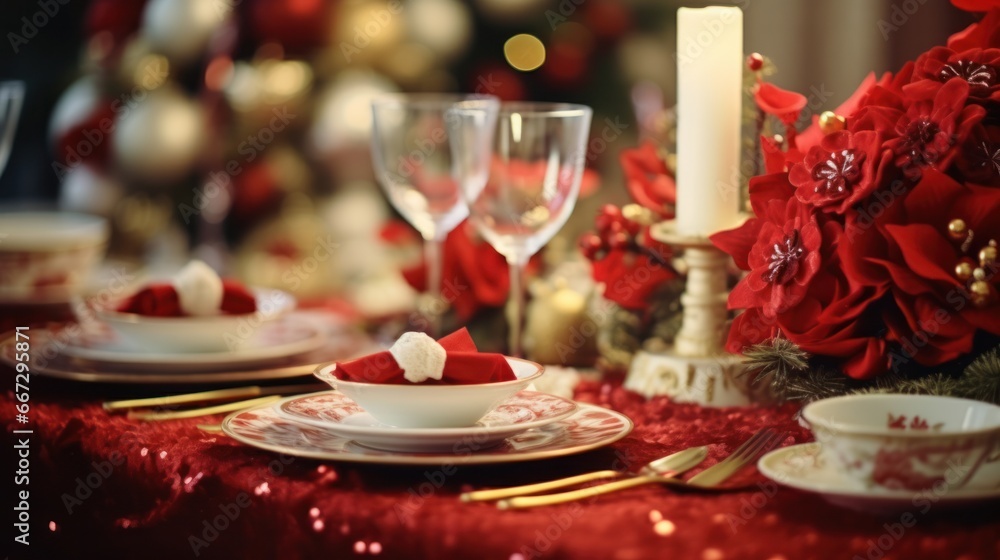 Elegant Christmas Tablescape with Festive Decorations for Celebration and Catered Dinner Party