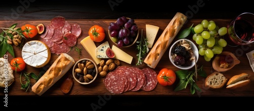 Mediterranean deli with antipasti wine and sandwiches overhead shot with space photo