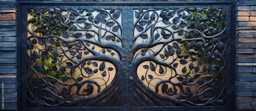 Iron door designed in a tree pattern for blending with nature outdoors