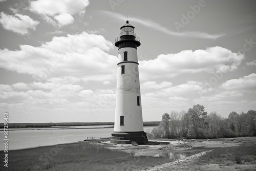 Black and white lighthouse in May 2020. Generative AI