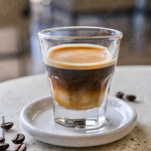 A glass of espresso on light colour table top. Close up view.