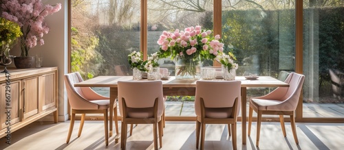 Chairs around wooden table with flowers beside glass doors in sleek dining room