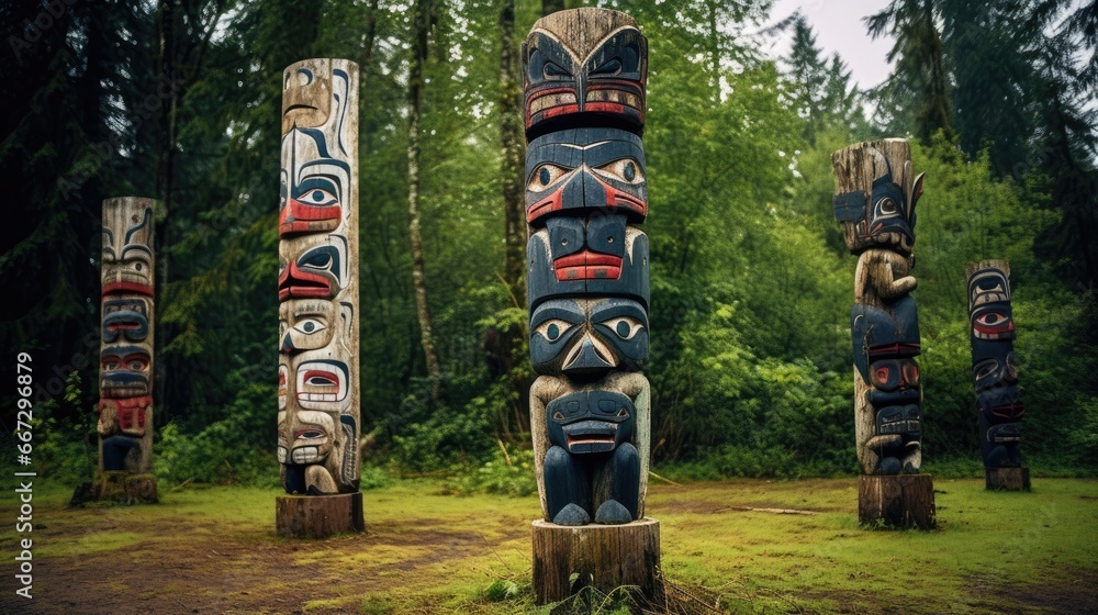 Fototapeta premium Totem Poles Lying On Ground At Totem Bight State History