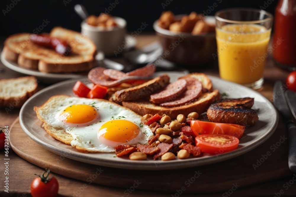Full english breakfast with fried eggs, sausage, tomato, beans, toast and bacon on a plate Full english breakfast with fried eggs, sausage, tomato, beans, toast and bacon on a plate