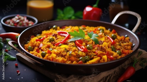 a pan of mixed vegetable paella on a sunny day cooking