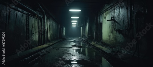 Dimly lit passageway in abandoned Soviet bunker with dark undertones