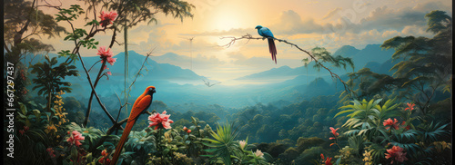 Obraz Górski krajobraz przedstawiający egzotyczne ptaki siedzące na kwitnących gałęziach tropikalnego lasu 