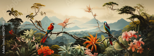 Górski krajobraz przedstawiający dwa ptaki siedzące na kwitnących gałęziach tropikalnego lasu 