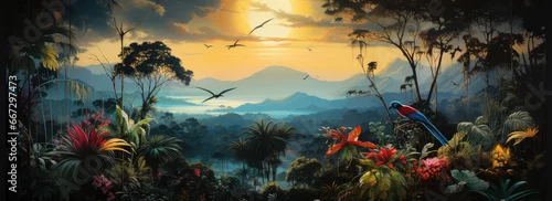 Obraz Górski krajobraz przedstawiający egzotyczne ptaki siedzące na kwitnących gałęziach tropikalnego lasu 