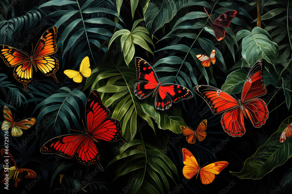 Kolorwe motyle na tle tropikalnych liści.  - obrazy, fototapety, plakaty 