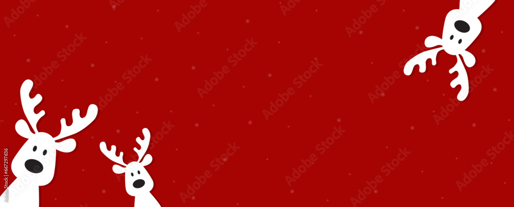 Cute Christmas reindeer on a red background. Christmas background, banner, or card.