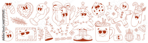 Funny retro cartoon characters on a christmas theme in trendy groovy style. Monochrome line art. 60 -70s vibes sticker set. Merry Christmas and Happy New Year. Vector Illustration