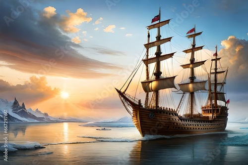 view of turbulent swells of a violent ocean storm, inside a glass bottle on the beach ม dramatic thunderous sky at dusk at center a closeup of large tall pirate ship with sails, breaking light 