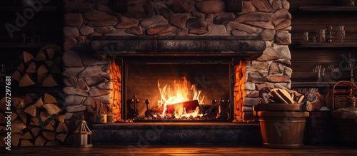 winter fireplace with a warm fire