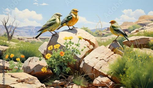 Kolorowe małe ptaszki siedzące na skale. 