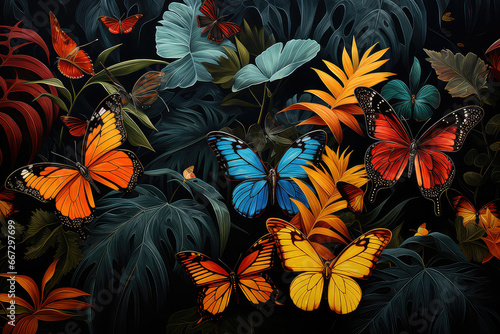 Kolorwe motyle na tle tropikalnych liści. 