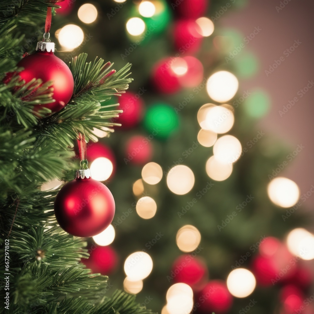 Close-UP of Christmas Tree, Red and Green Ornaments against a Defocused Lights Background