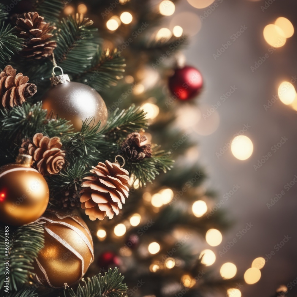 Close-UP of Christmas Tree, Gold Ornaments against a Defocused Lights Background