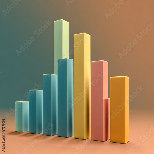 Abstract 3D growth chart ascending coloured bars on solid colour background