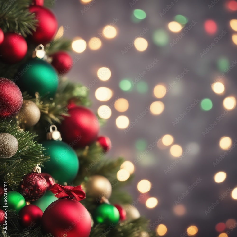 Close-UP of Christmas Tree, Red and Green Ornaments against a Defocused Lights Background