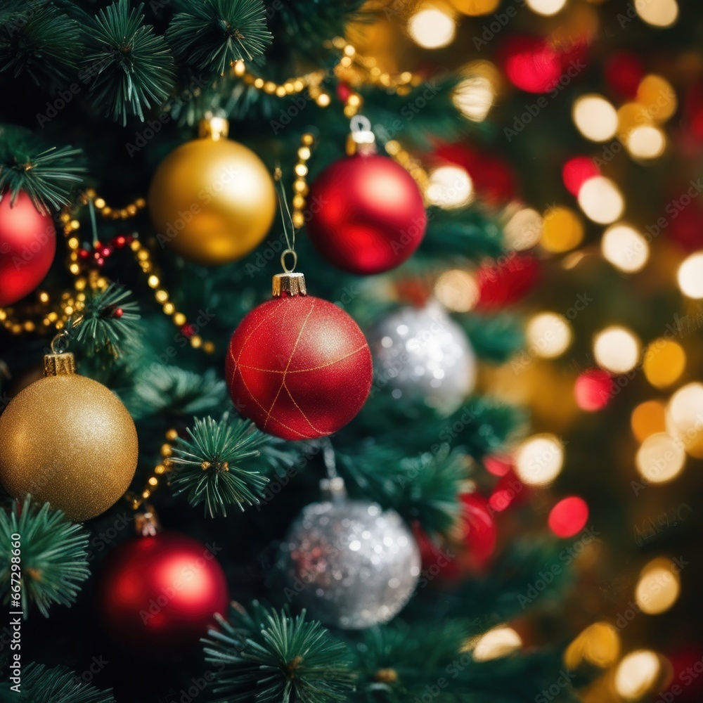 Close-UP of Christmas Tree, Red and Golden Ornaments against a Defocused Lights Background