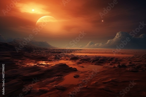 Stunning sunrise on Mars  showcasing a surreal alien landscape. Generative AI