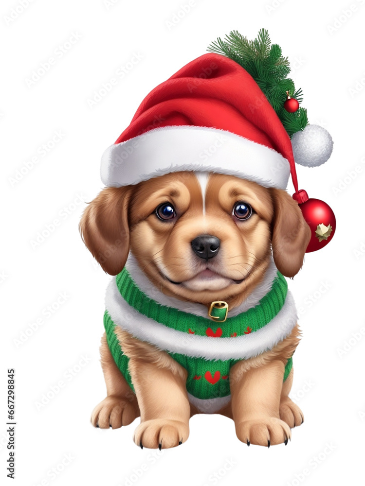 little dog in a warm hat graphic for winter or christmas