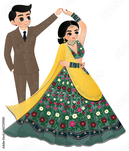 Bride and groom cute couple indian dress cartoon character