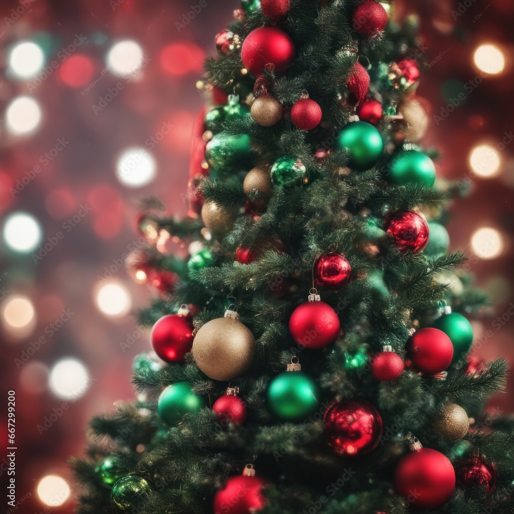 Close-UP of Christmas Tree, Red and Green Ornaments against a Defocused Lights Background Close-UP of Christmas Tree, Red and Green Ornaments against a Defocused Lights Background