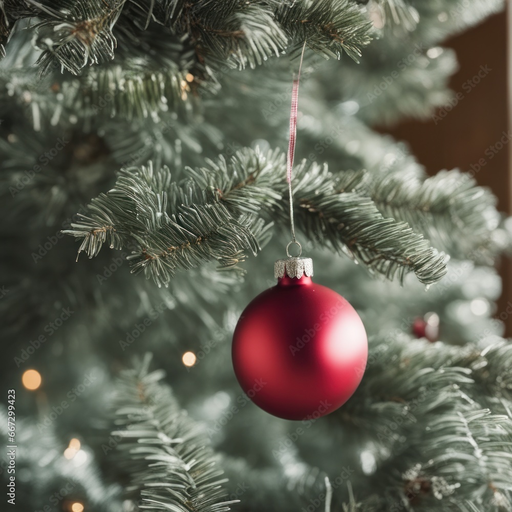 Obraz premium Close-UP of Christmas Tree, Red Ornaments against a Defocused Lights Background