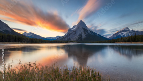 scenic sunset over vermilion lake and mount rundle in banff national park alberta canada long exposure photo