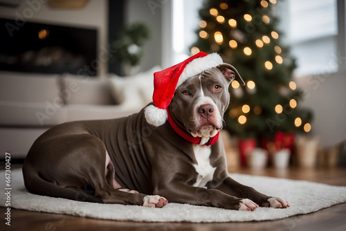 A playful pitbull dog, adorned with a whimsical Santa hat, romps on a cozy sofa in the heart of a lovingly decorated living room surrounded by children © Anisgott