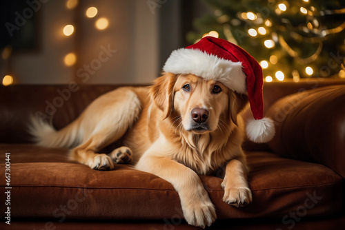 In a heartwarming scene captured in a charmingly cozy Christmas decorated living room, a lovable labrador retriever dog wearing a Santa hat