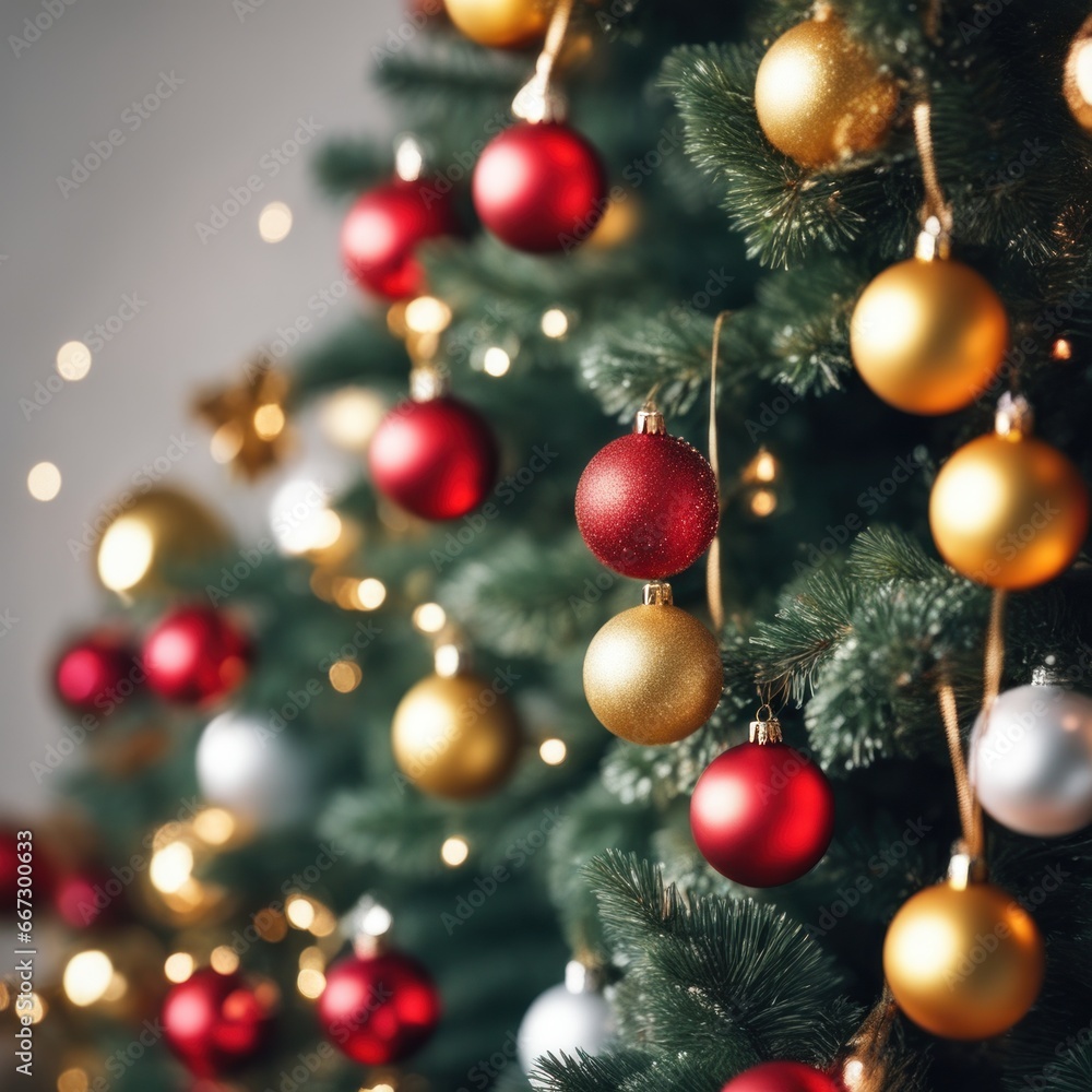 Close-UP of Christmas Tree, Red and Golden Ornaments against a Defocused Lights Background